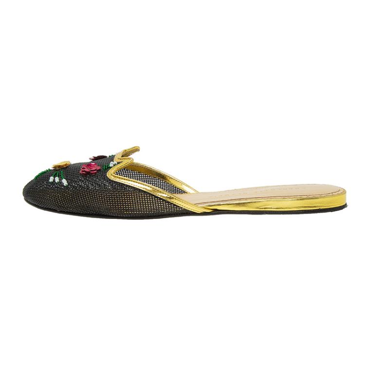 Pre Owned Charlotte Olympia Black Sequin Kitsch Kitty Slides Size 40 