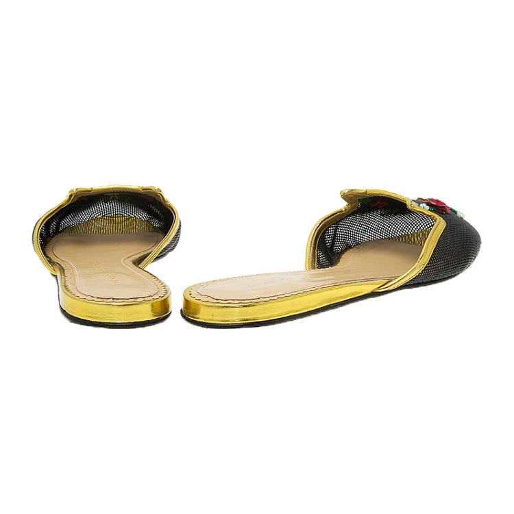 Pre Owned Charlotte Olympia Black Sequin Kitsch Kitty Slides Size 40 