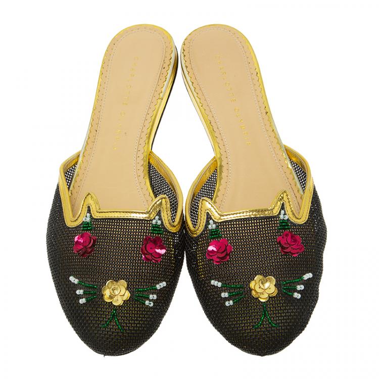 Pre Owned Charlotte Olympia Black Sequin Kitsch Kitty Slides Size 40 