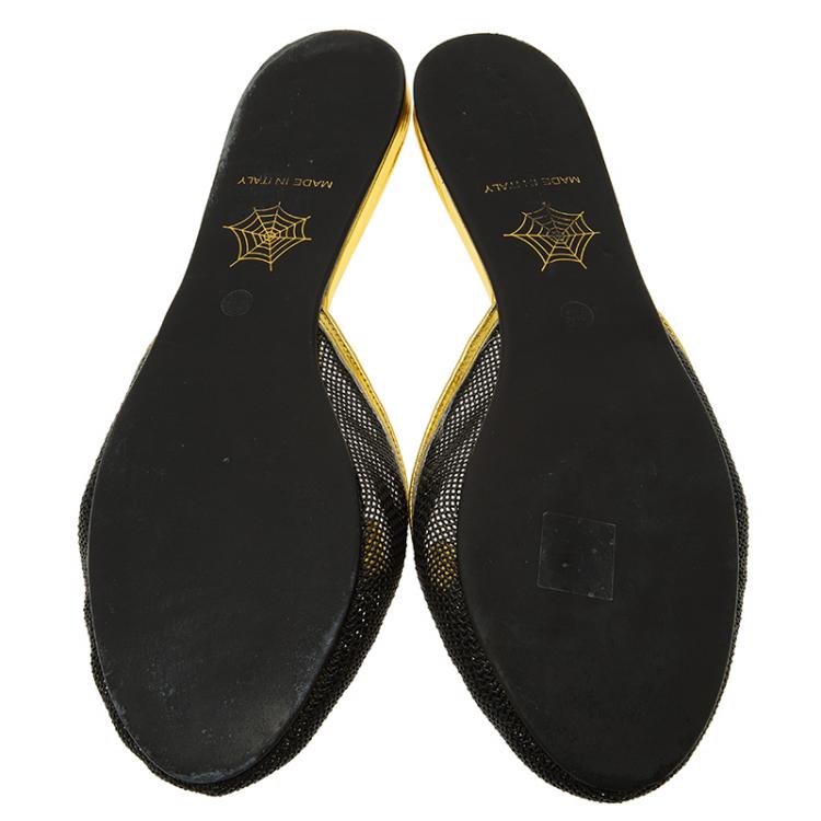 Pre Owned Charlotte Olympia Black Sequin Kitsch Kitty Slides Size 40 