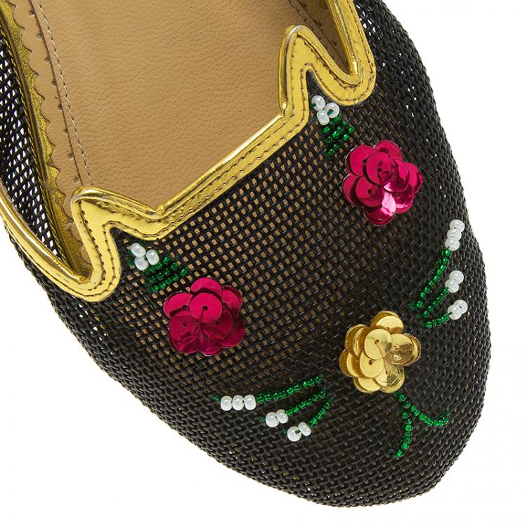 Pre Owned Charlotte Olympia Black Sequin Kitsch Kitty Slides Size 40 