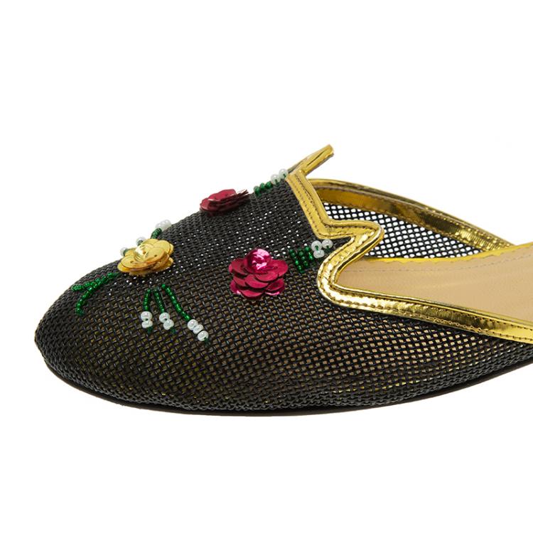 Pre Owned Charlotte Olympia Black Sequin Kitsch Kitty Slides Size 40 