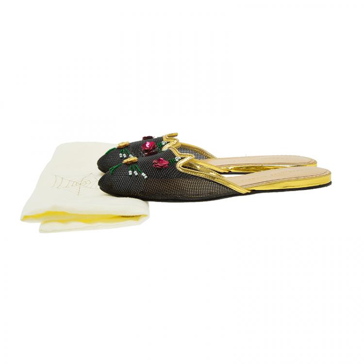 Pre Owned Charlotte Olympia Black Sequin Kitsch Kitty Slides Size 40 