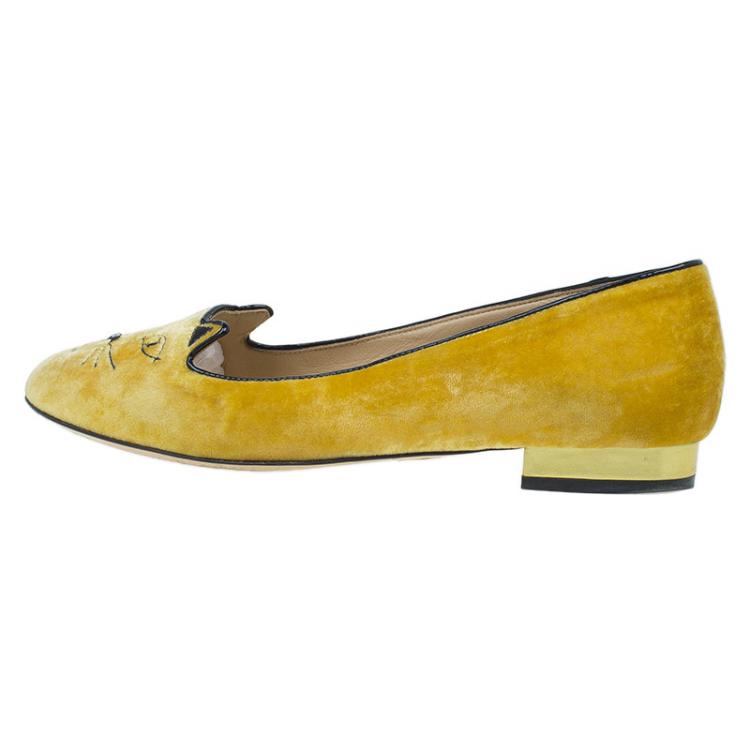Pre Owned Charlotte Olympia Yellow Kitty Embroidered Velvet Smoking Slippers Size 37.5 