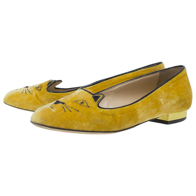 Pre Owned Charlotte Olympia Yellow Kitty Embroidered Velvet Smoking Slippers Size 37.5 