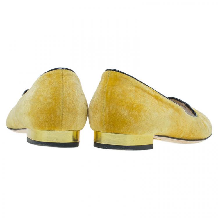 Pre Owned Charlotte Olympia Yellow Kitty Embroidered Velvet Smoking Slippers Size 37.5 