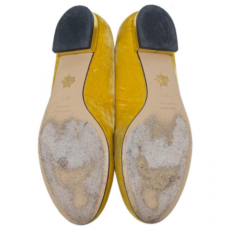 Pre Owned Charlotte Olympia Yellow Kitty Embroidered Velvet Smoking Slippers Size 37.5 