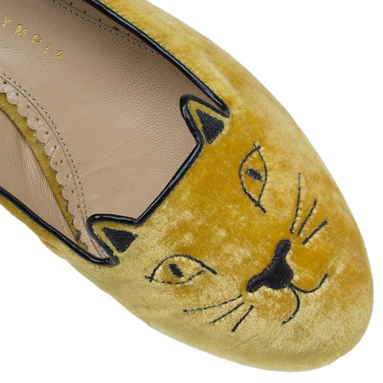 Pre Owned Charlotte Olympia Yellow Kitty Embroidered Velvet Smoking Slippers Size 37.5 