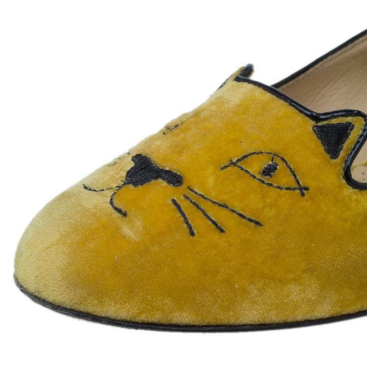 Pre Owned Charlotte Olympia Yellow Kitty Embroidered Velvet Smoking Slippers Size 37.5 