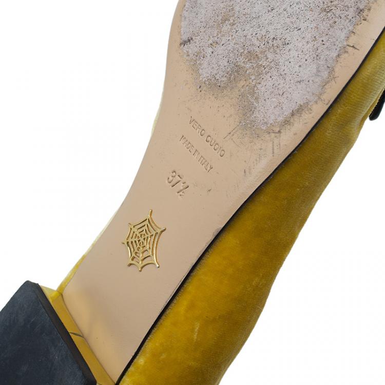 Pre Owned Charlotte Olympia Yellow Kitty Embroidered Velvet Smoking Slippers Size 37.5 