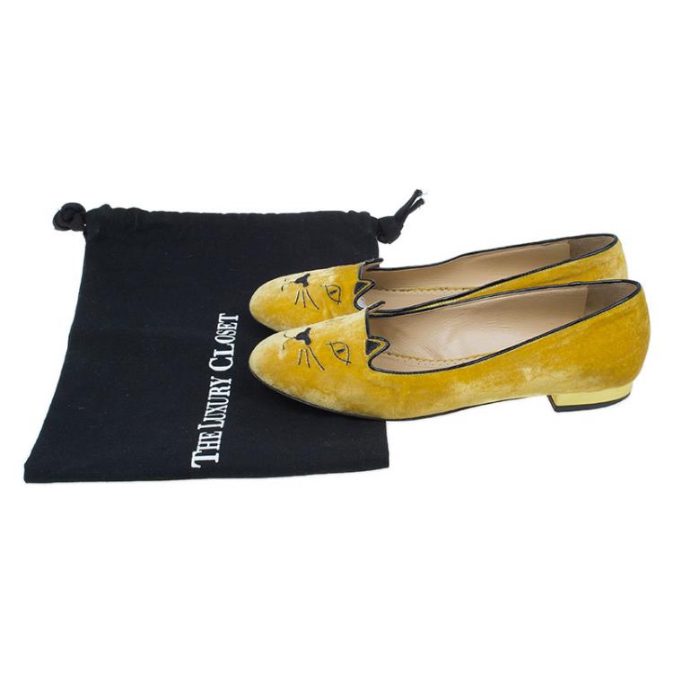 Pre Owned Charlotte Olympia Yellow Kitty Embroidered Velvet Smoking Slippers Size 37.5 