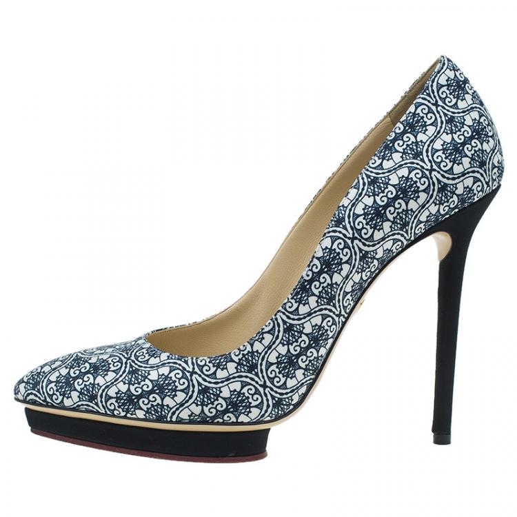 Pre Owned Charlotte Olympia Navy Blue Filigree Printed Crepe Satin Debonaire Pumps Size 39.5