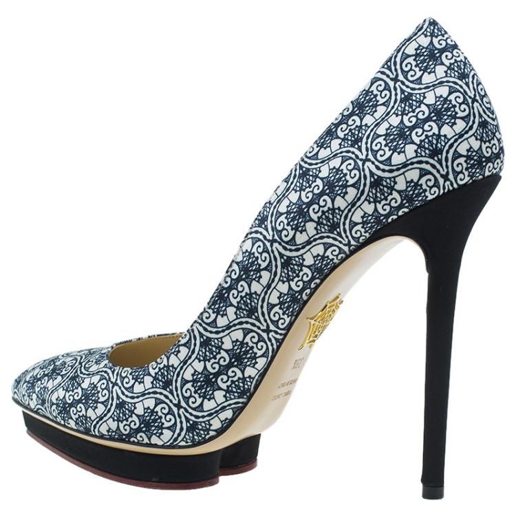Pre Owned Charlotte Olympia Navy Blue Filigree Printed Crepe Satin Debonaire Pumps Size 39.5