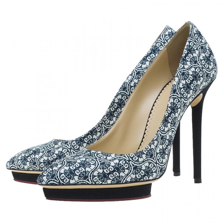 Pre Owned Charlotte Olympia Navy Blue Filigree Printed Crepe Satin Debonaire Pumps Size 39.5