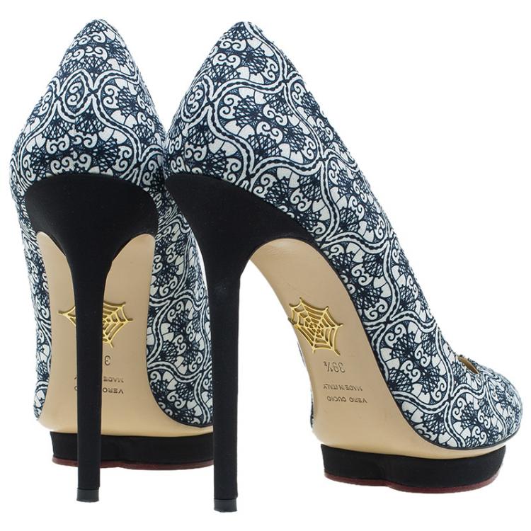 Pre Owned Charlotte Olympia Navy Blue Filigree Printed Crepe Satin Debonaire Pumps Size 39.5