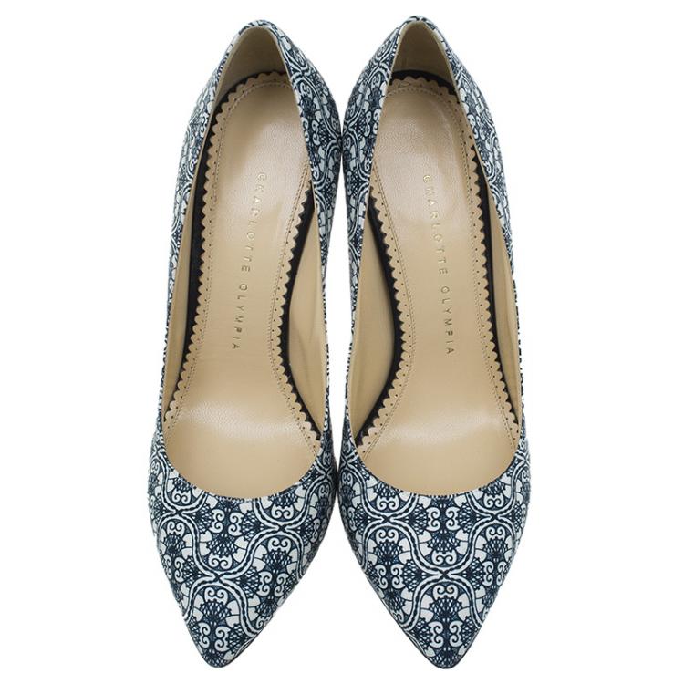 Pre Owned Charlotte Olympia Navy Blue Filigree Printed Crepe Satin Debonaire Pumps Size 39.5