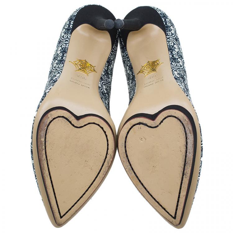 Pre Owned Charlotte Olympia Navy Blue Filigree Printed Crepe Satin Debonaire Pumps Size 39.5
