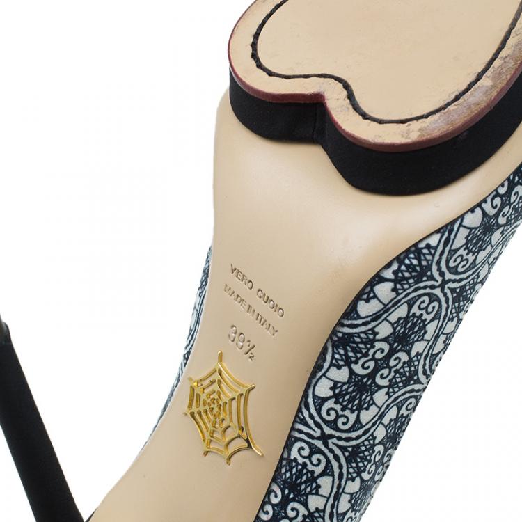 Pre Owned Charlotte Olympia Navy Blue Filigree Printed Crepe Satin Debonaire Pumps Size 39.5