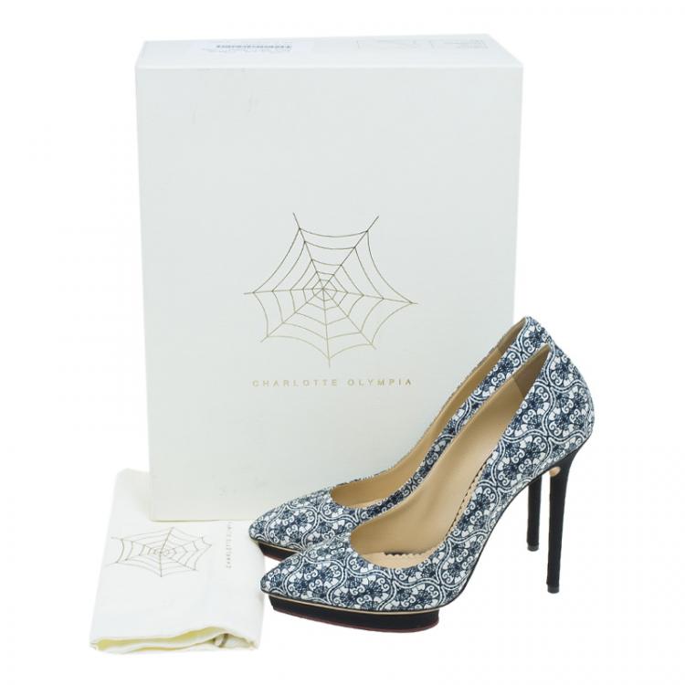 Pre Owned Charlotte Olympia Navy Blue Filigree Printed Crepe Satin Debonaire Pumps Size 39.5