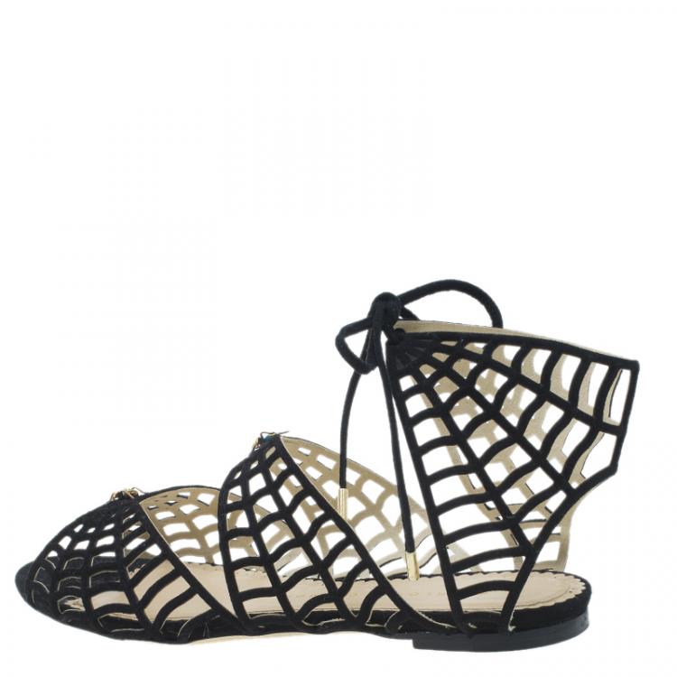 Pre Owned Charlotte Olympia Black Suede Miss Muffet Flat Sandals Size 36