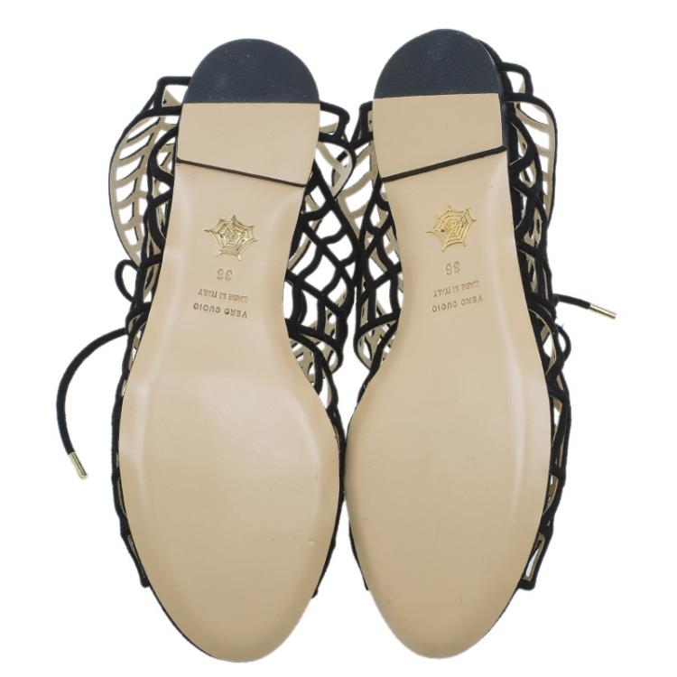 Pre Owned Charlotte Olympia Black Suede Miss Muffet Flat Sandals Size 36