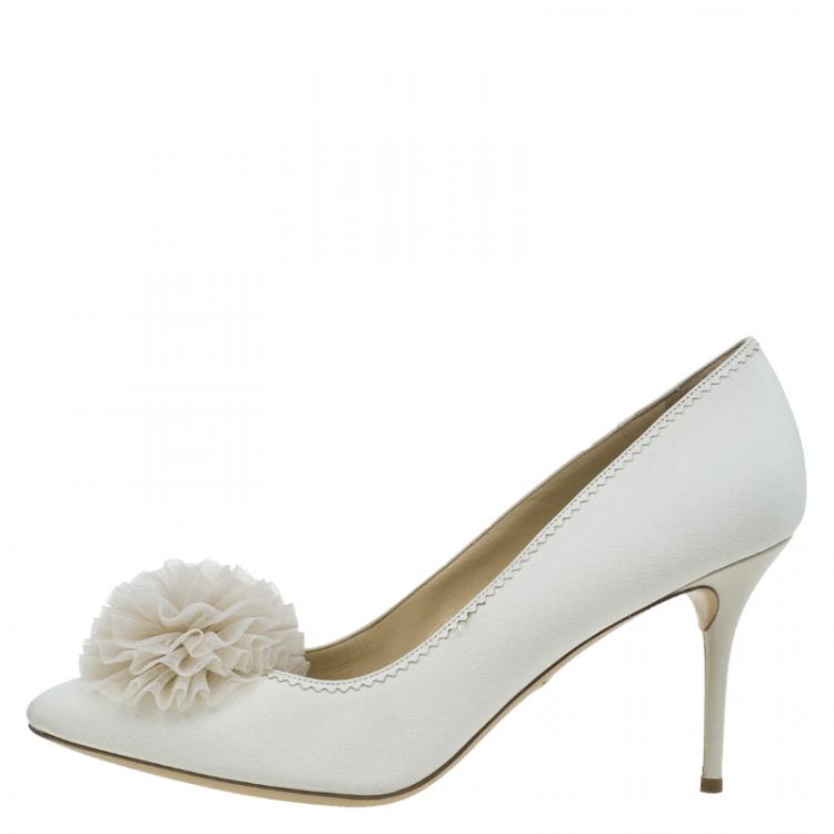 Pre Owned Charlotte Olympia Cream Satin and Tulle Desiree Pom Pom Pumps Size 41