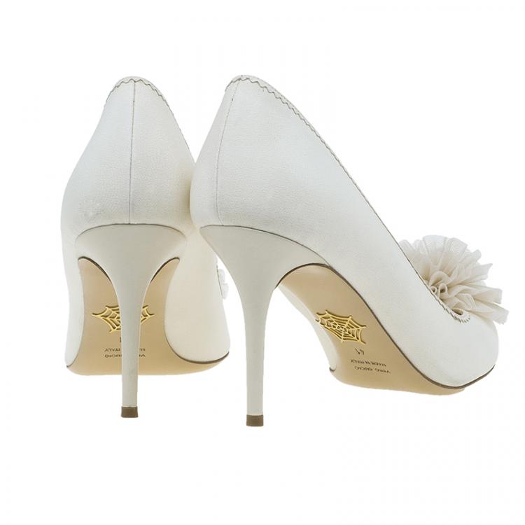 Pre Owned Charlotte Olympia Cream Satin and Tulle Desiree Pom Pom Pumps Size 41