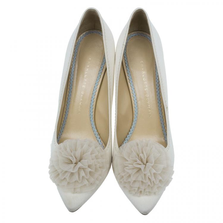 Pre Owned Charlotte Olympia Cream Satin and Tulle Desiree Pom Pom Pumps Size 41