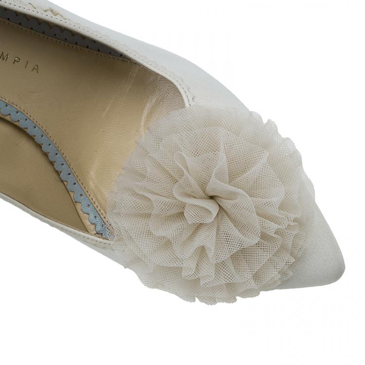 Pre Owned Charlotte Olympia Cream Satin and Tulle Desiree Pom Pom Pumps Size 41