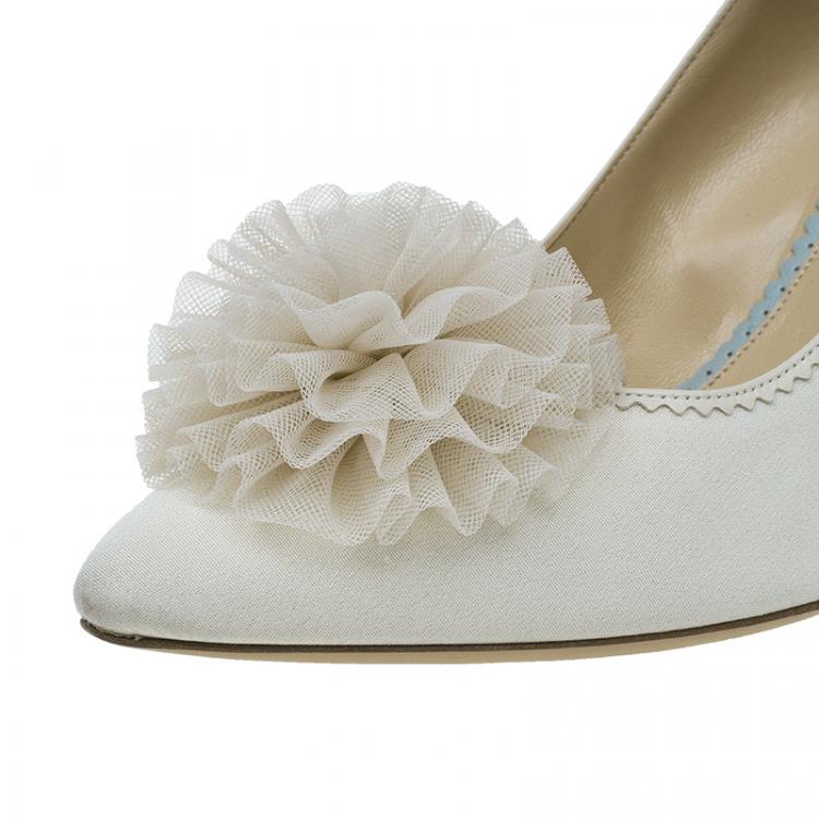 Pre Owned Charlotte Olympia Cream Satin and Tulle Desiree Pom Pom Pumps Size 41