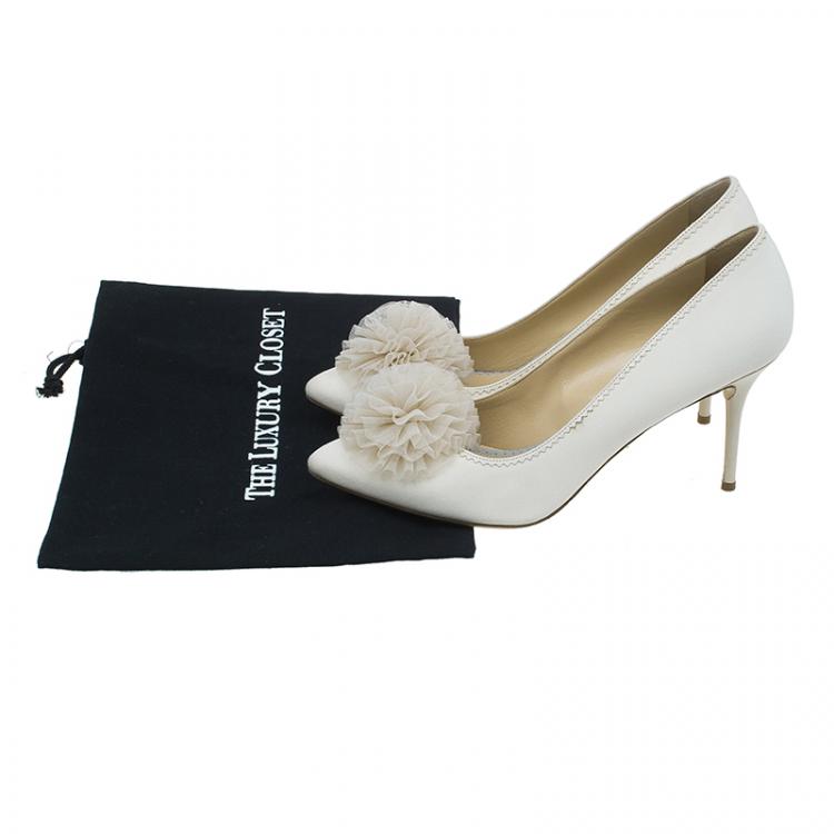 Pre Owned Charlotte Olympia Cream Satin and Tulle Desiree Pom Pom Pumps Size 41