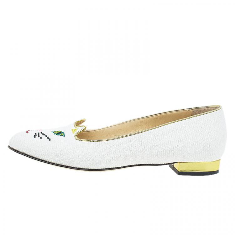 Pre Owned Charlotte Olympia White Raffia Kitty Smoking Slippers Size 39
