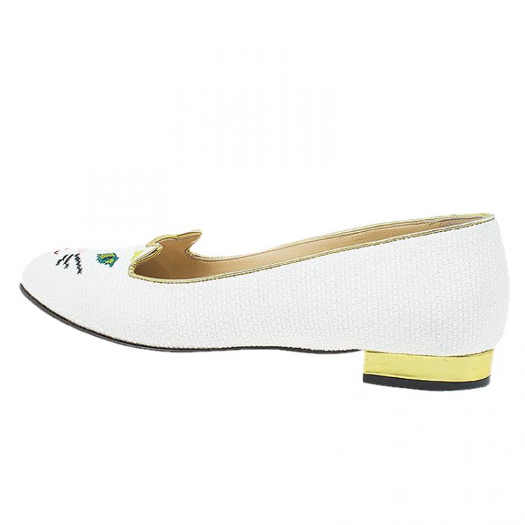 Pre Owned Charlotte Olympia White Raffia Kitty Smoking Slippers Size 39
