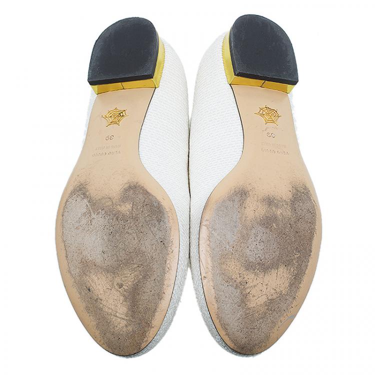 Pre Owned Charlotte Olympia White Raffia Kitty Smoking Slippers Size 39