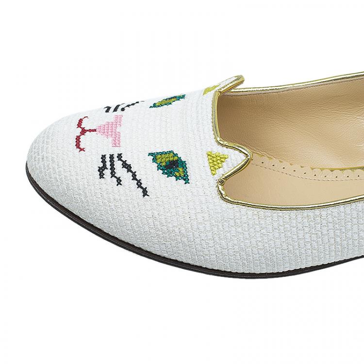 Pre Owned Charlotte Olympia White Raffia Kitty Smoking Slippers Size 39