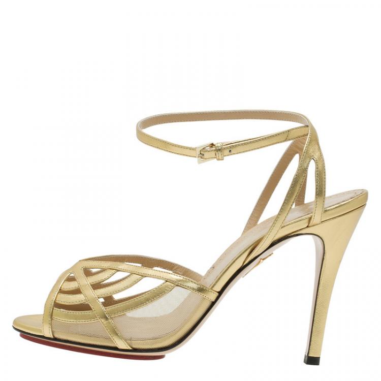 Pre Owned Charlotte Olympia Gold Leather Octavia Ankle Strap Sandals Size 38 