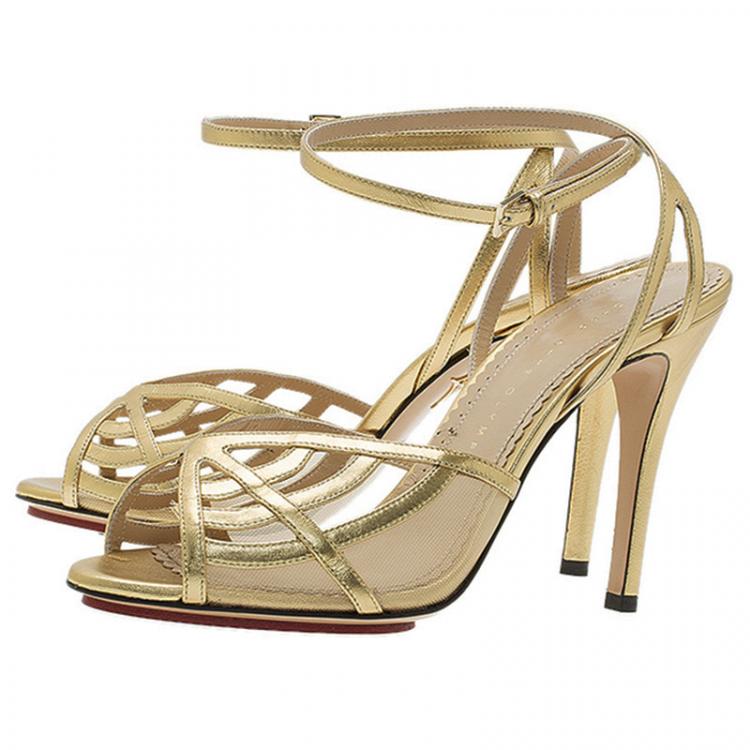 Pre Owned Charlotte Olympia Gold Leather Octavia Ankle Strap Sandals Size 38 