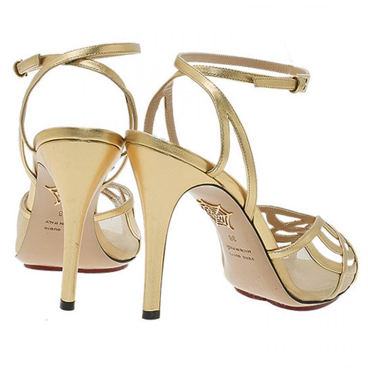 Pre Owned Charlotte Olympia Gold Leather Octavia Ankle Strap Sandals Size 38 
