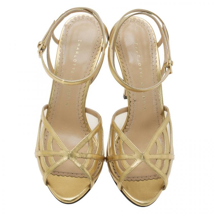 Pre Owned Charlotte Olympia Gold Leather Octavia Ankle Strap Sandals Size 38 
