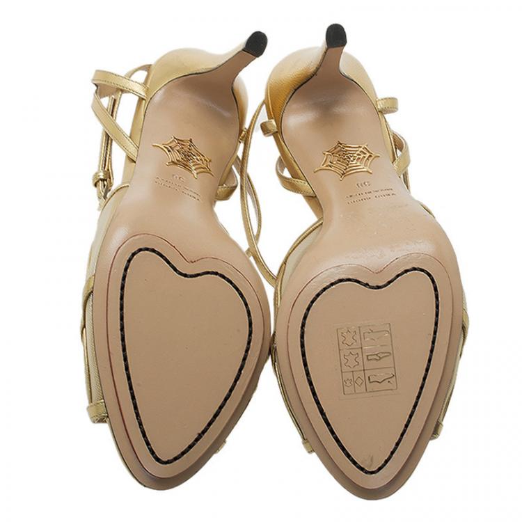 Pre Owned Charlotte Olympia Gold Leather Octavia Ankle Strap Sandals Size 38 
