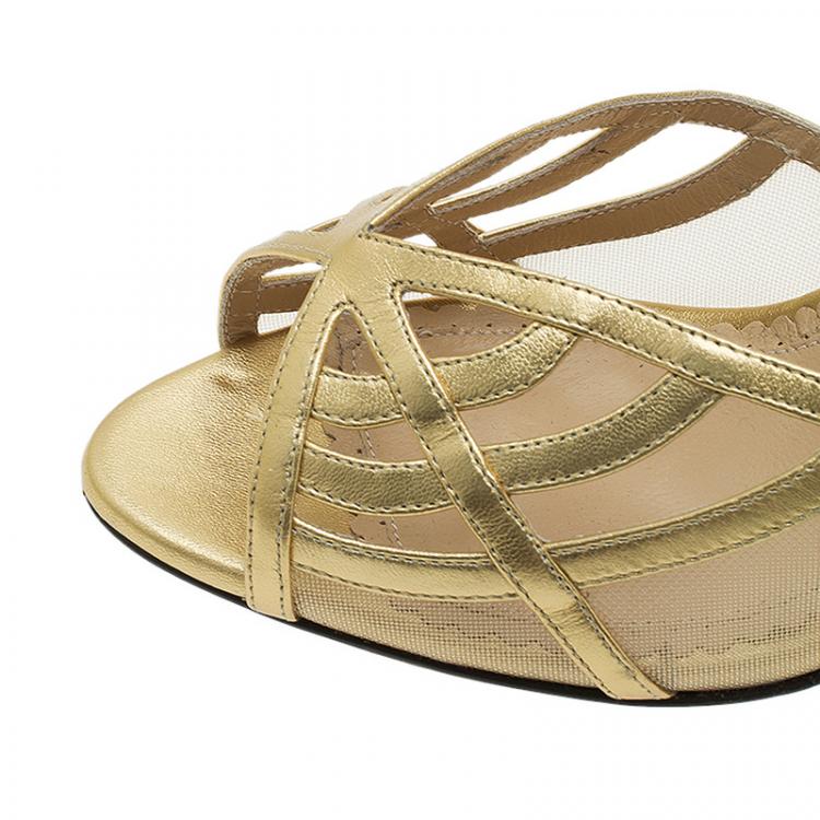 Pre Owned Charlotte Olympia Gold Leather Octavia Ankle Strap Sandals Size 38 