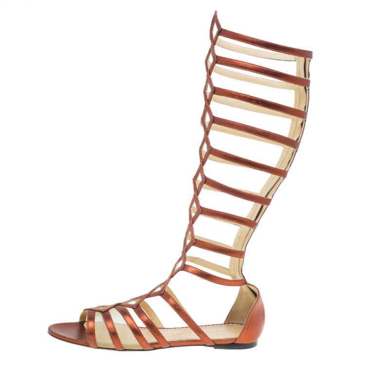 Pre Owned Charlotte Olympia Bronze Leather Maya Gladiator Sandals Size 39