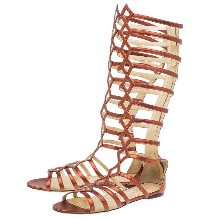 Pre Owned Charlotte Olympia Bronze Leather Maya Gladiator Sandals Size 39
