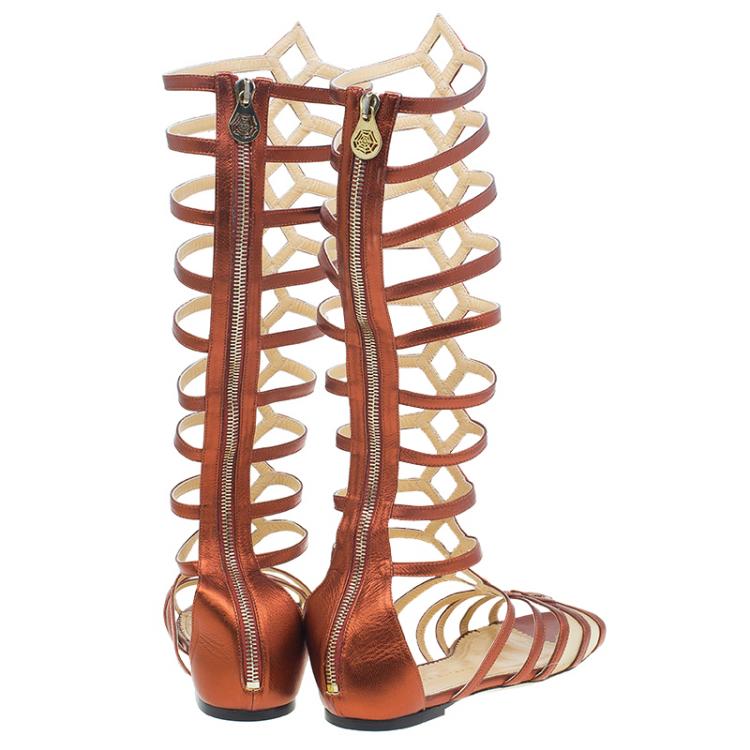 Pre Owned Charlotte Olympia Bronze Leather Maya Gladiator Sandals Size 39