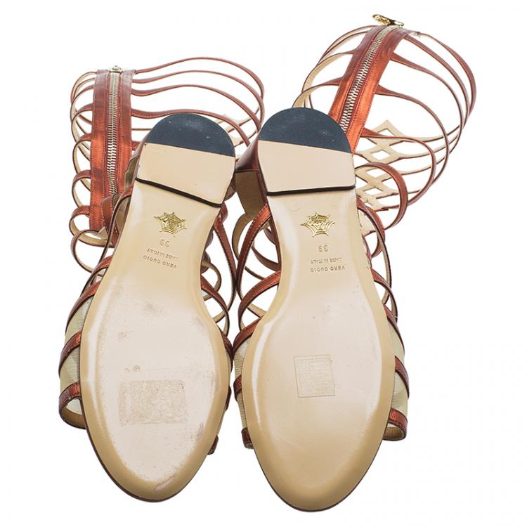 Pre Owned Charlotte Olympia Bronze Leather Maya Gladiator Sandals Size 39
