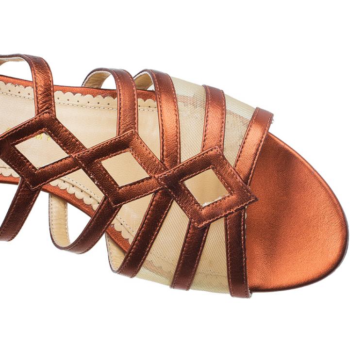 Pre Owned Charlotte Olympia Bronze Leather Maya Gladiator Sandals Size 39