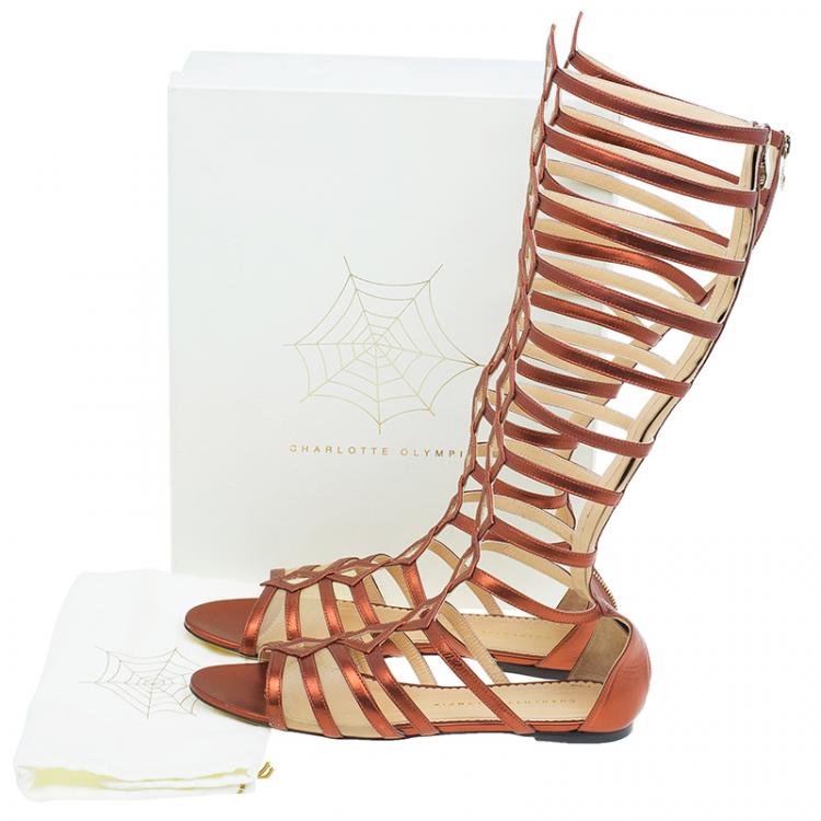 Pre Owned Charlotte Olympia Bronze Leather Maya Gladiator Sandals Size 39