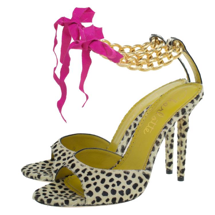 Pre Owned Charlotte Olympia Leopard Pony Hair Chain Ankle Strap Sandals Size 40