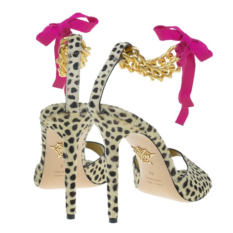 Pre Owned Charlotte Olympia Leopard Pony Hair Chain Ankle Strap Sandals Size 40