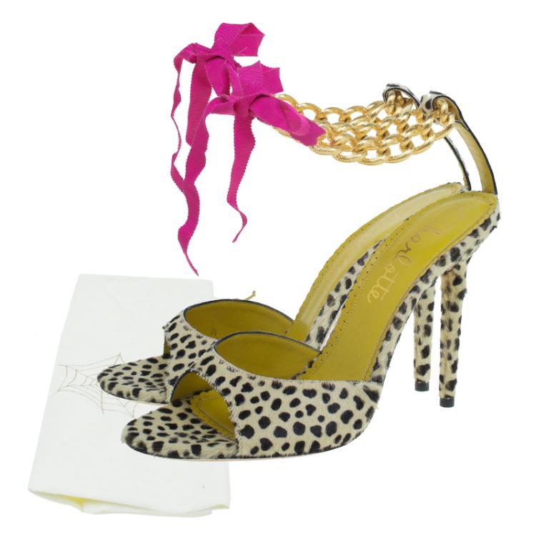 Pre Owned Charlotte Olympia Leopard Pony Hair Chain Ankle Strap Sandals Size 40